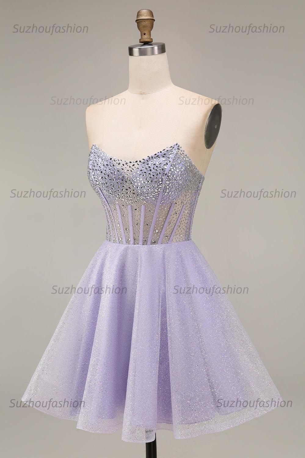 Suzhoufashion Lilac Sequin Strapless A-Line Corset Short Homecoming Dress with Beading