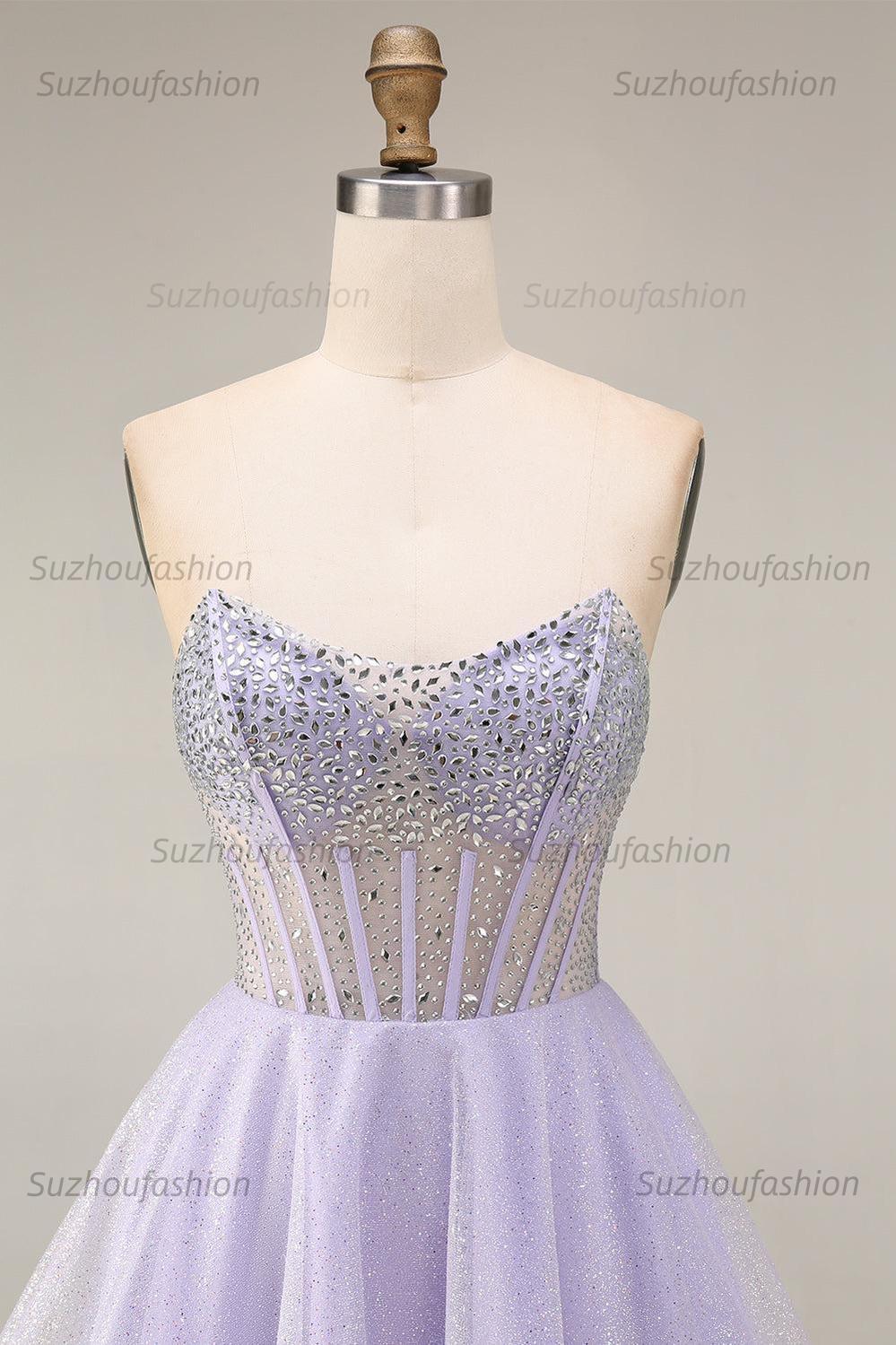 Suzhoufashion Lilac Sequin Strapless A-Line Corset Short Homecoming Dress with Beading