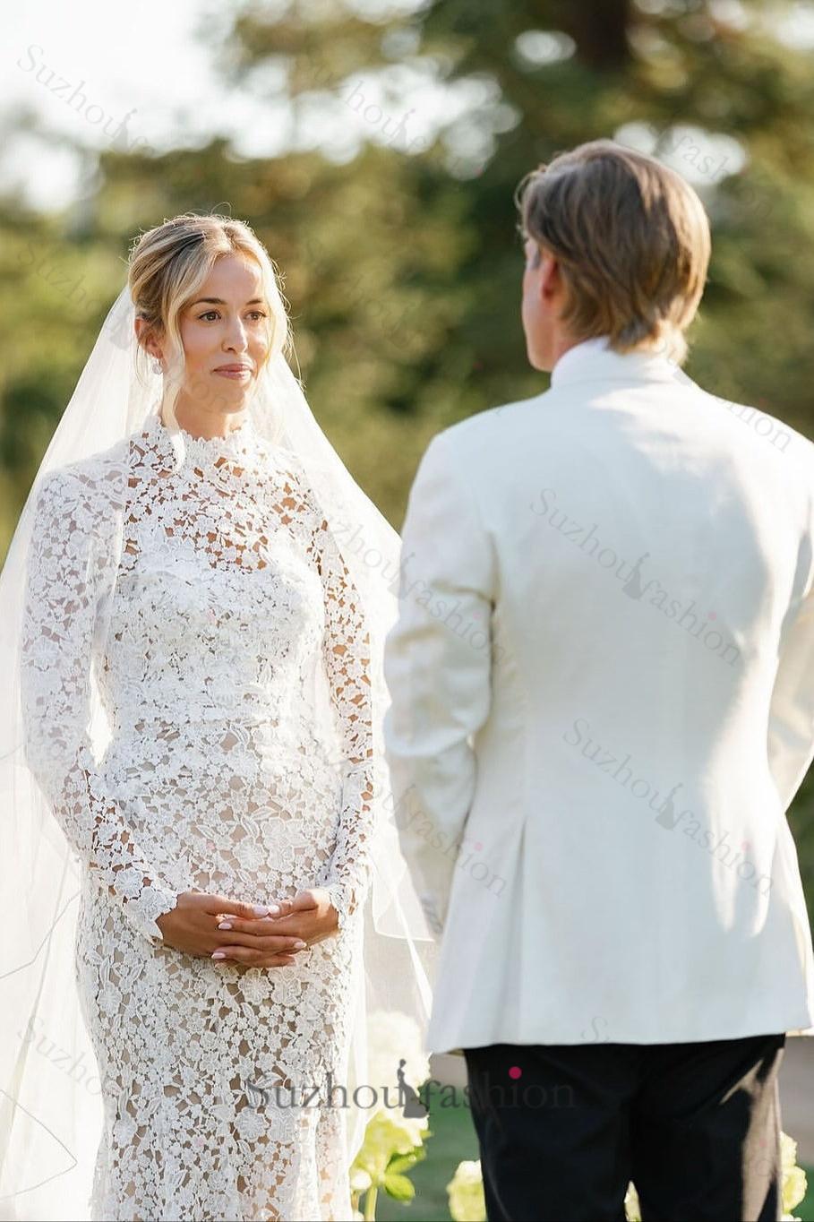 Suzhoufashion Long Sleeve Beach Wedding Dress Lace High Neck Mermaid Bridal Gown