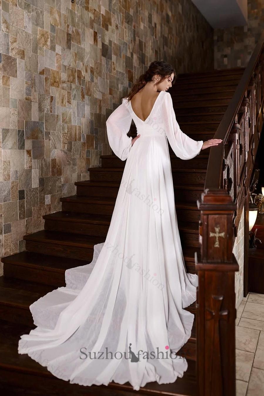 Suzhoufashion Long Sleeve Beach Wedding Dress V Neck A Line Bridal Gown with Slit