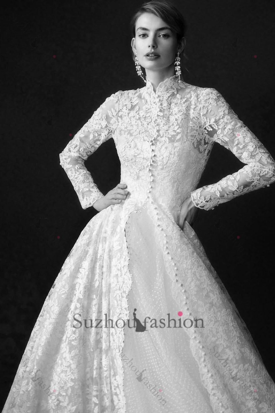 Suzhoufashion Women Long Sleeve Wedding Dress Lace High Neck A Line Bridal Gown Suzhoufashion Women Long Sleeve Wedding Dress Lace High Neck A Line Bridal Gown