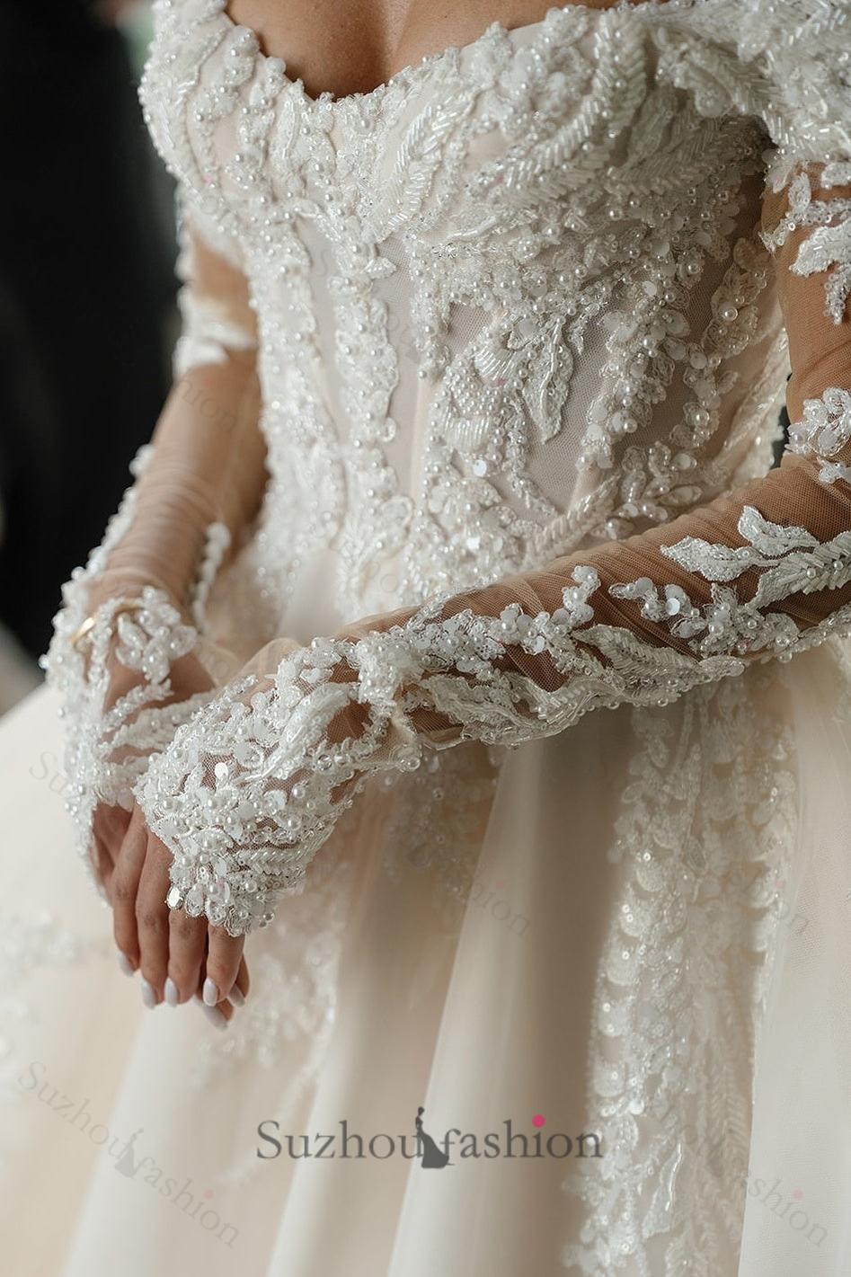 Suzhoufashion Long Sleeve Wedding Dress Off the Shoulder Beaded Lace Appliques Bridal Gown