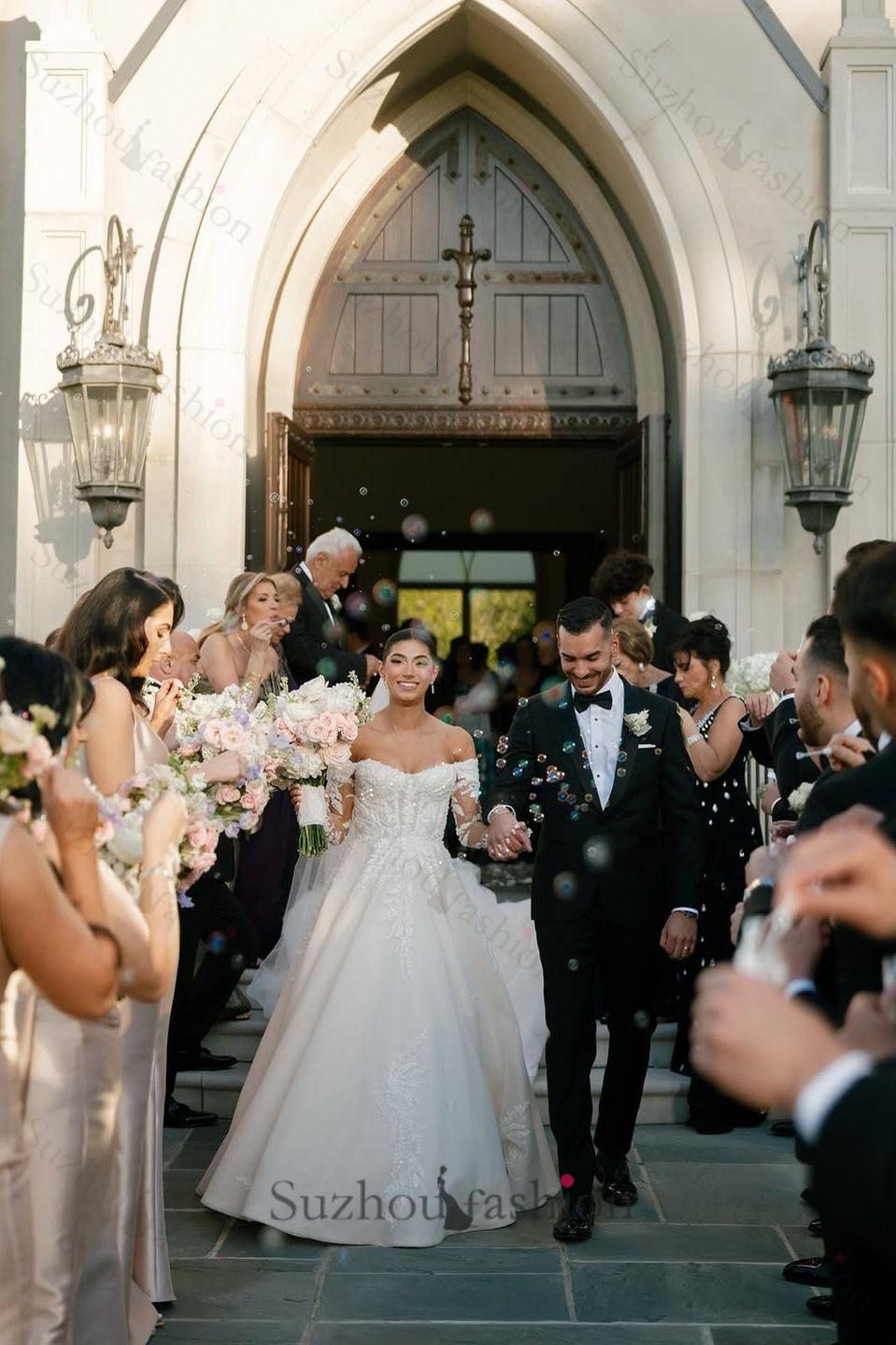 Suzhoufashion Long Sleeve Wedding Dress Off the Shoulder Beaded Lace Appliques Bridal Gown