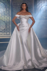 Suzhoufashion Luxurious A-line Beading Sleeveless Wedding Dresses With Glitter Satin Off-the-shoulder