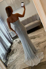 Suzhoufashion Luxurious Mermaid Strapless Light Blue Corset Prom Dress With Pearls Split Front Formal Evening Gown