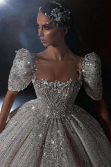 Suzhoufashion Luxury Short Sleeve Wedding Dress Ball Gown Square Neck Bridal Gown with Beadings and Rhinestones