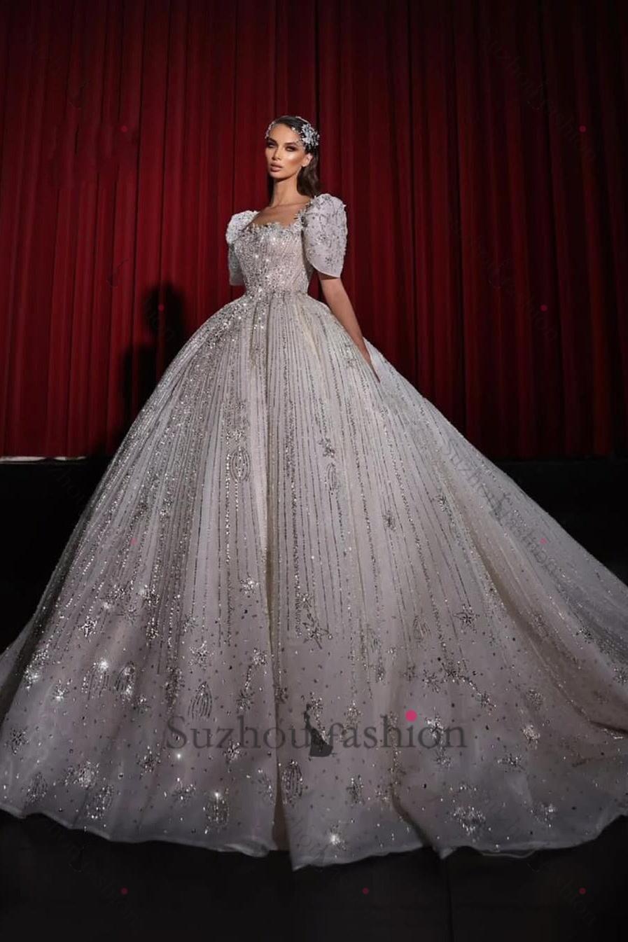 Suzhoufashion Luxury Short Sleeve Wedding Dress Ball Gown Square Neck Bridal Gown with Beadings and Rhinestones