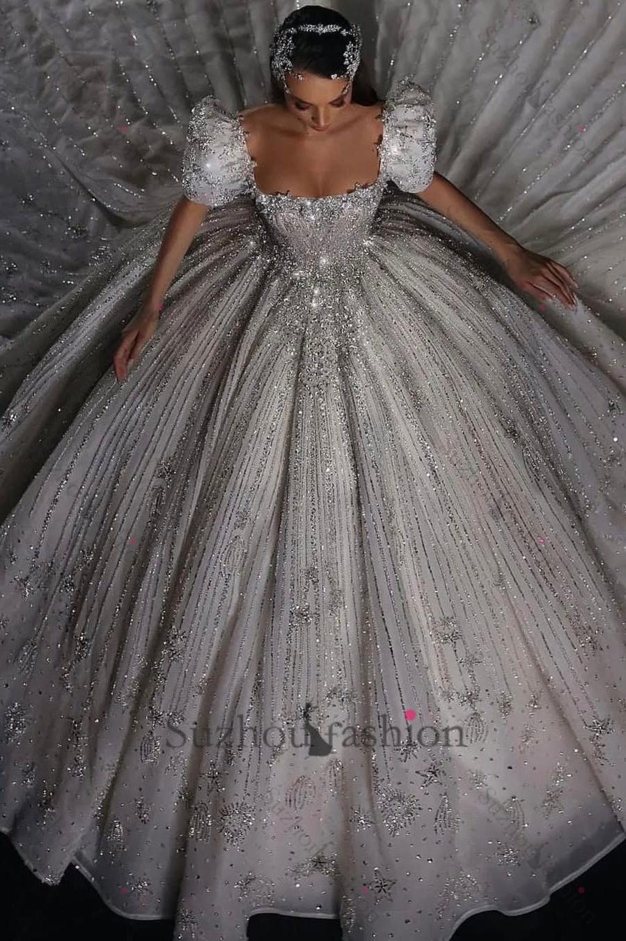 Suzhoufashion Luxury Short Sleeve Wedding Dress Ball Gown Square Neck Bridal Gown with Beadings and Rhinestones