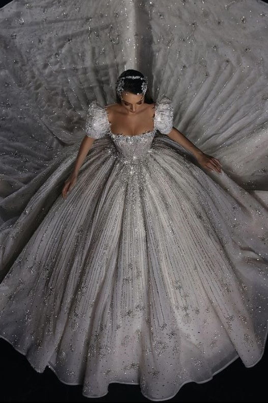 Suzhoufashion Luxury Short Sleeve Wedding Dress Ball Gown Square Neck Bridal Gown with Beadings and Rhinestones