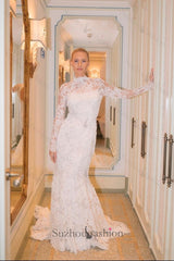 Suzhoufashion Mermaid Beach Wedding Dress Long Sleeve High Neck Lace Bridal Gown