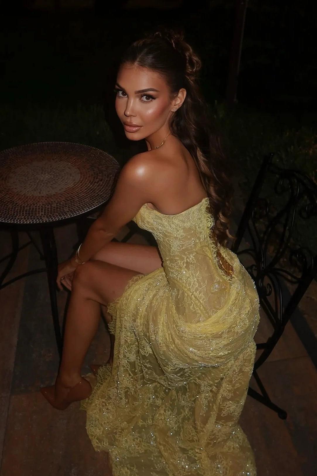 Luxurious Mermaid Sweetheart Yellow Lace Party Dress With Split Front Formal Evening Gown