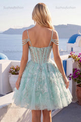 Suzhoufashion Mint Cold-Shoulder Floral Beaded A-Line Corset Short Homecoming Dress