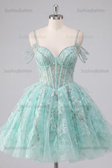 Suzhoufashion Mint Cold-Shoulder Floral Beaded A-Line Corset Short Homecoming Dress