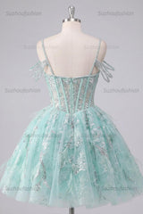 Suzhoufashion Mint Cold-Shoulder Floral Beaded A-Line Corset Short Homecoming Dress