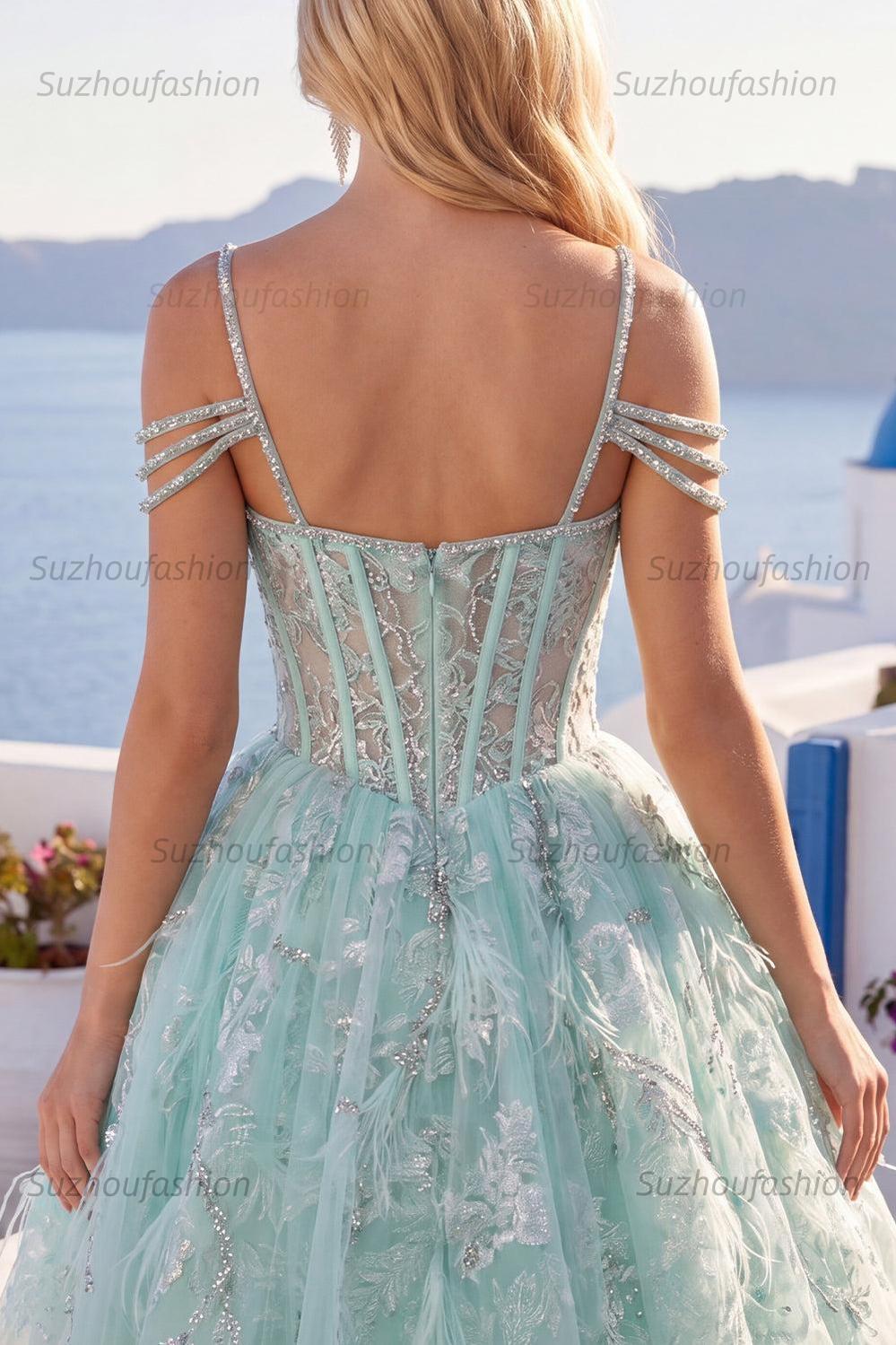 Suzhoufashion Mint Cold-Shoulder Floral Beaded A-Line Corset Short Homecoming Dress