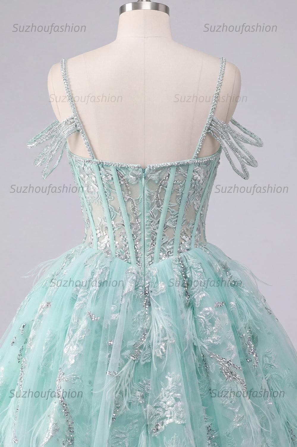 Suzhoufashion Mint Cold-Shoulder Floral Beaded A-Line Corset Short Homecoming Dress