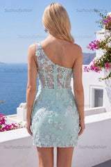 Suzhoufashion Mint Floral Beaded Keyhole Corset Tight Short Homecoming Dress with Slit