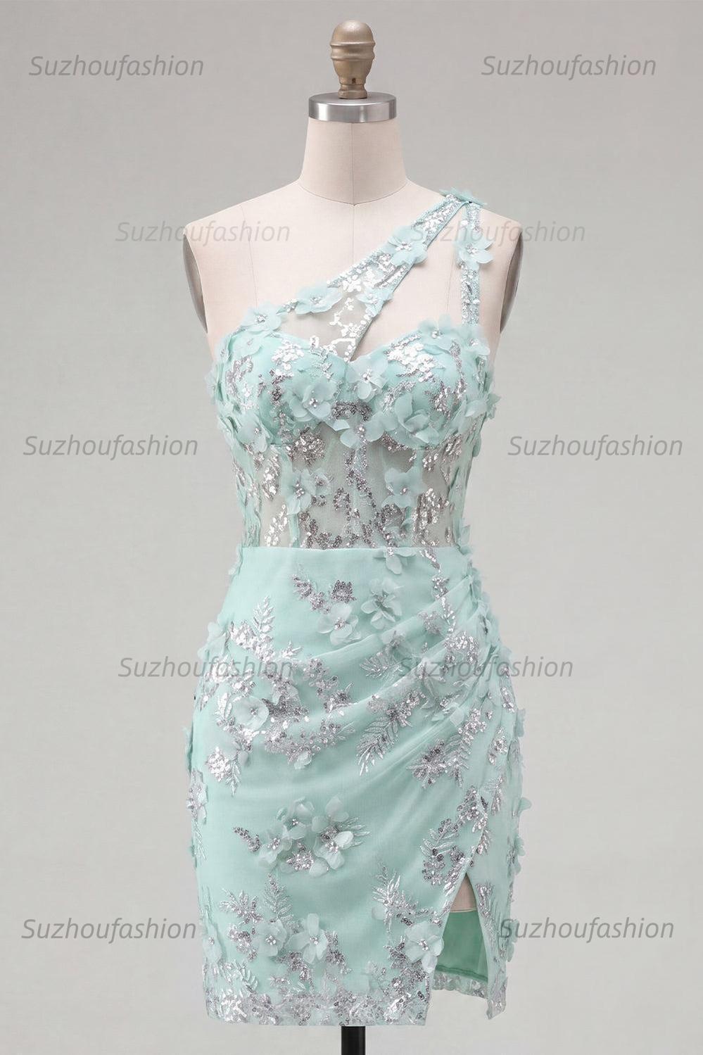 Suzhoufashion Mint Floral Beaded Keyhole Corset Tight Short Homecoming Dress with Slit