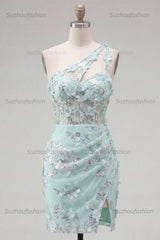 Suzhoufashion Mint Floral Beaded Keyhole Corset Tight Short Homecoming Dress with Slit