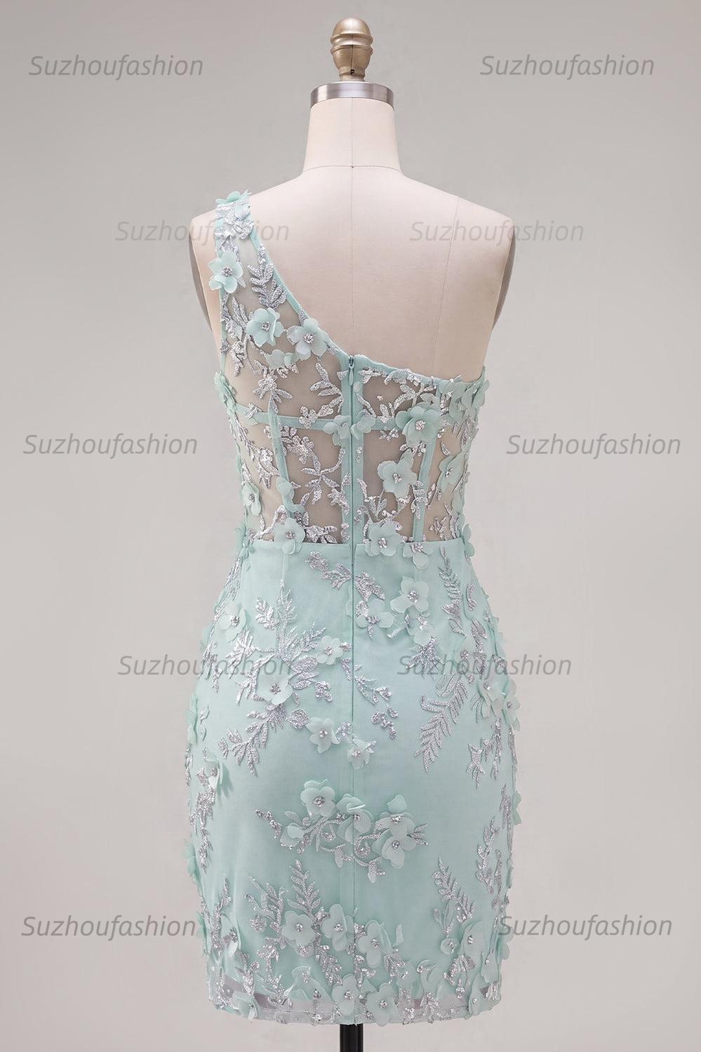 Suzhoufashion Mint Floral Beaded Keyhole Corset Tight Short Homecoming Dress with Slit