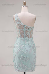 Suzhoufashion Mint Floral Beaded Keyhole Corset Tight Short Homecoming Dress with Slit