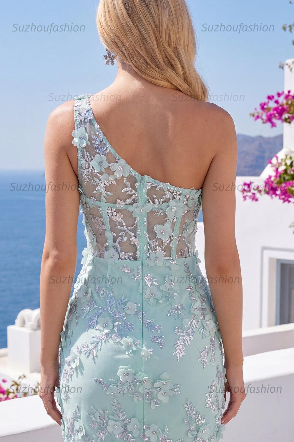 Suzhoufashion Mint Floral Beaded Keyhole Corset Tight Short Homecoming Dress with Slit
