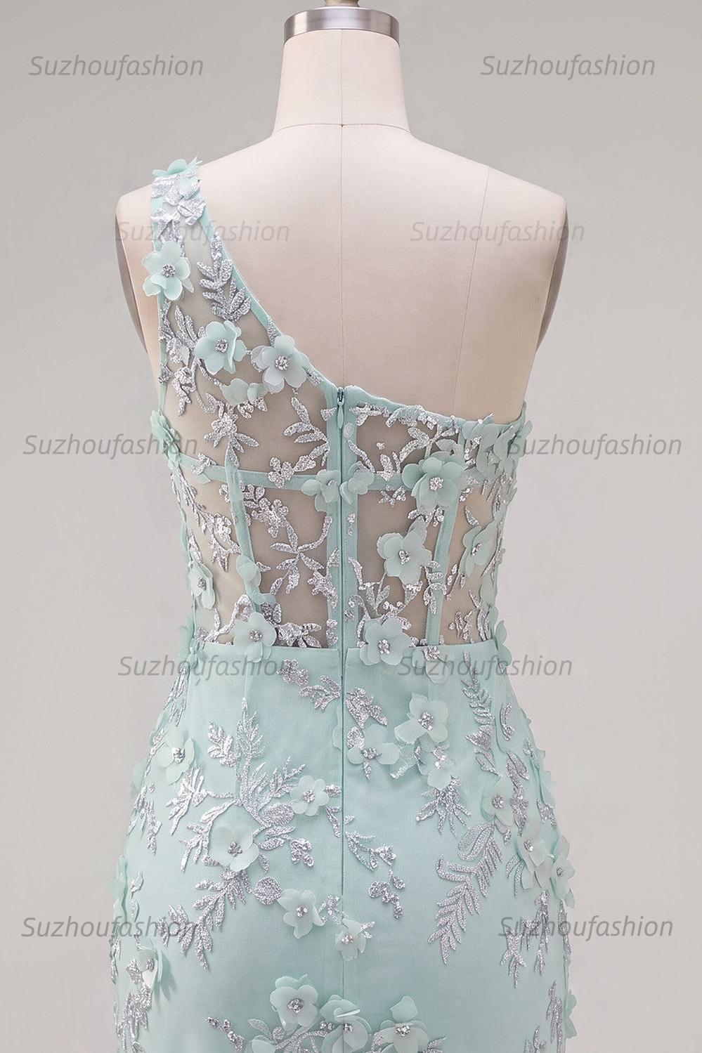 Suzhoufashion Mint Floral Beaded Keyhole Corset Tight Short Homecoming Dress with Slit