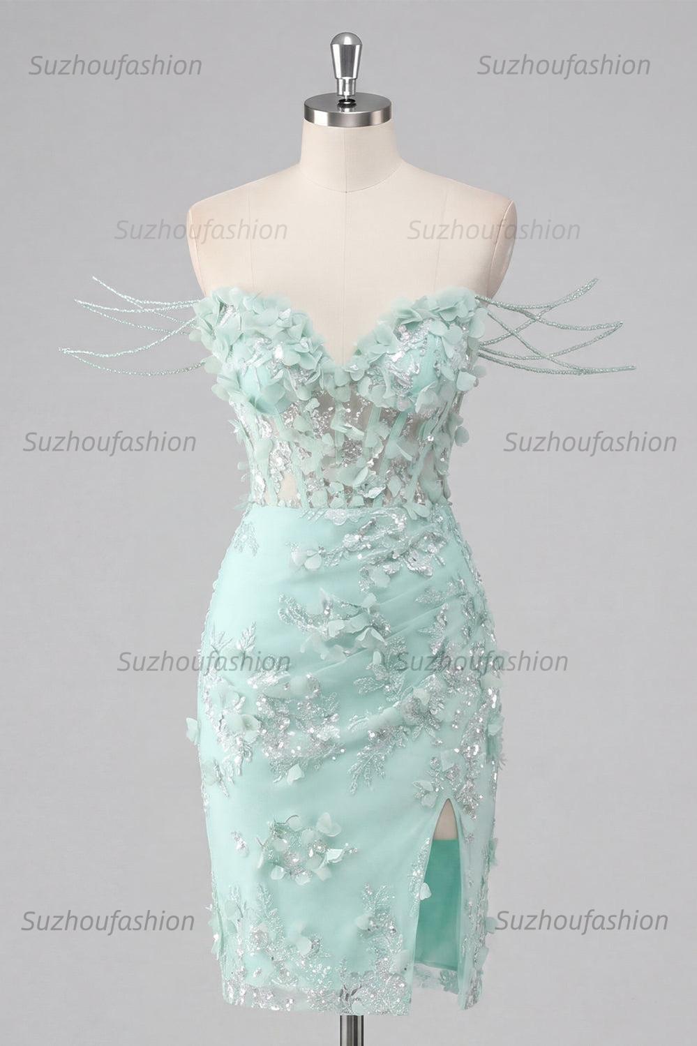 Suzhoufashion Mint Floral Beaded Ruched Corset Tight Short Homecoming Dress with Slit