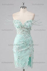 Suzhoufashion Mint Floral Beaded Ruched Corset Tight Short Homecoming Dress with Slit