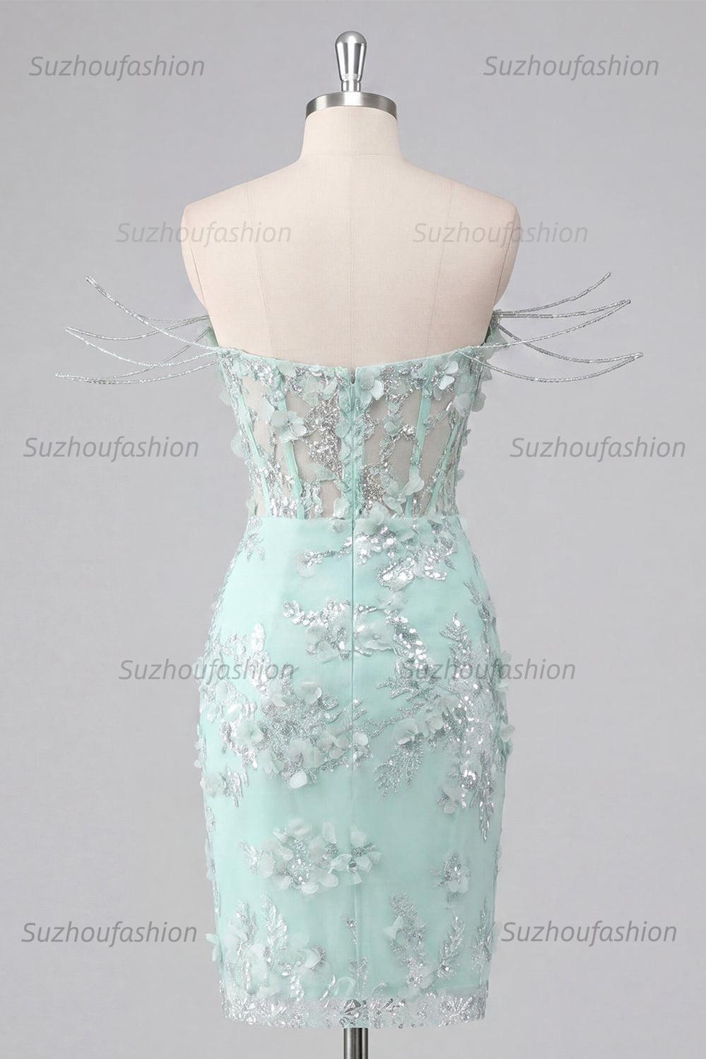 Suzhoufashion Mint Floral Beaded Ruched Corset Tight Short Homecoming Dress with Slit
