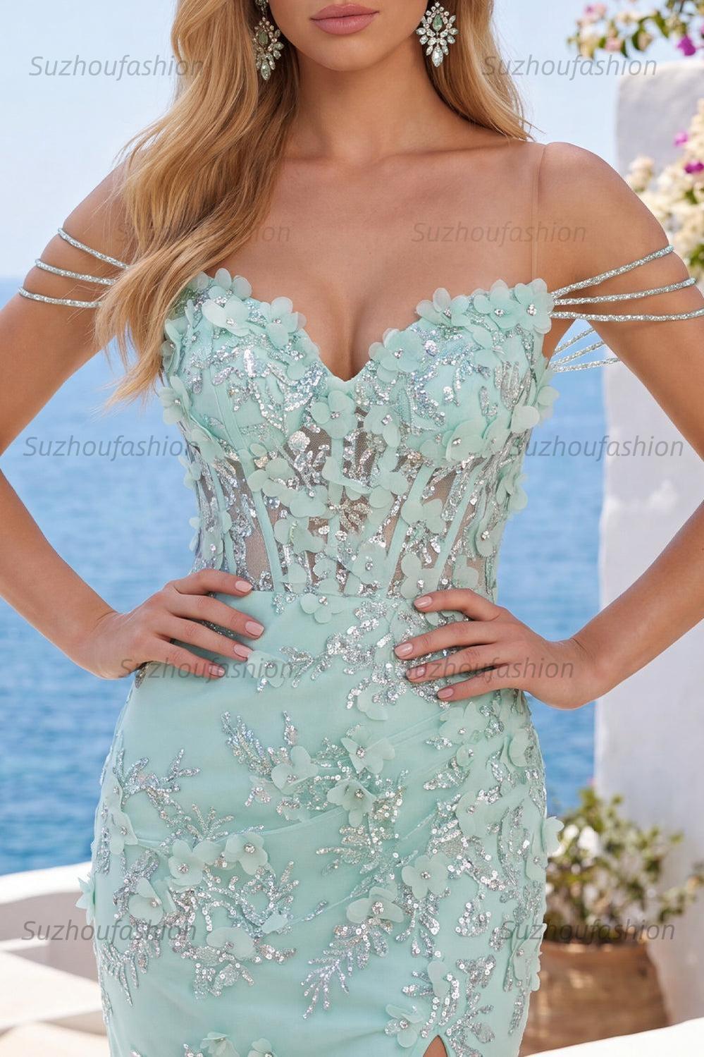 Suzhoufashion Mint Floral Beaded Ruched Corset Tight Short Homecoming Dress with Slit