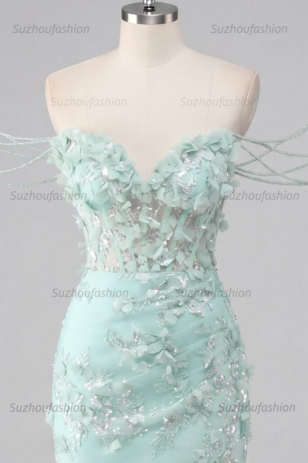 Suzhoufashion Mint Floral Beaded Ruched Corset Tight Short Homecoming Dress with Slit
