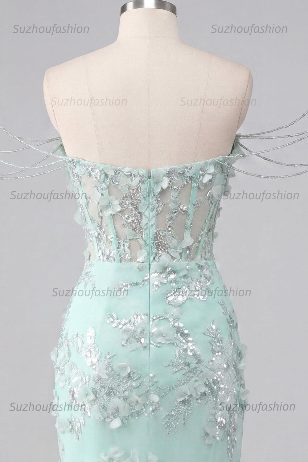 Suzhoufashion Mint Floral Beaded Ruched Corset Tight Short Homecoming Dress with Slit