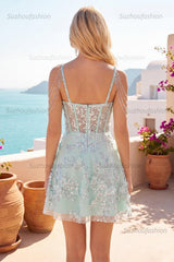 Suzhoufashion Mint Floral Cold-Shoulder Beaded A-Line Corset Short Homecoming Dress