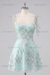 Suzhoufashion Mint Floral Cold-Shoulder Beaded A-Line Corset Short Homecoming Dress