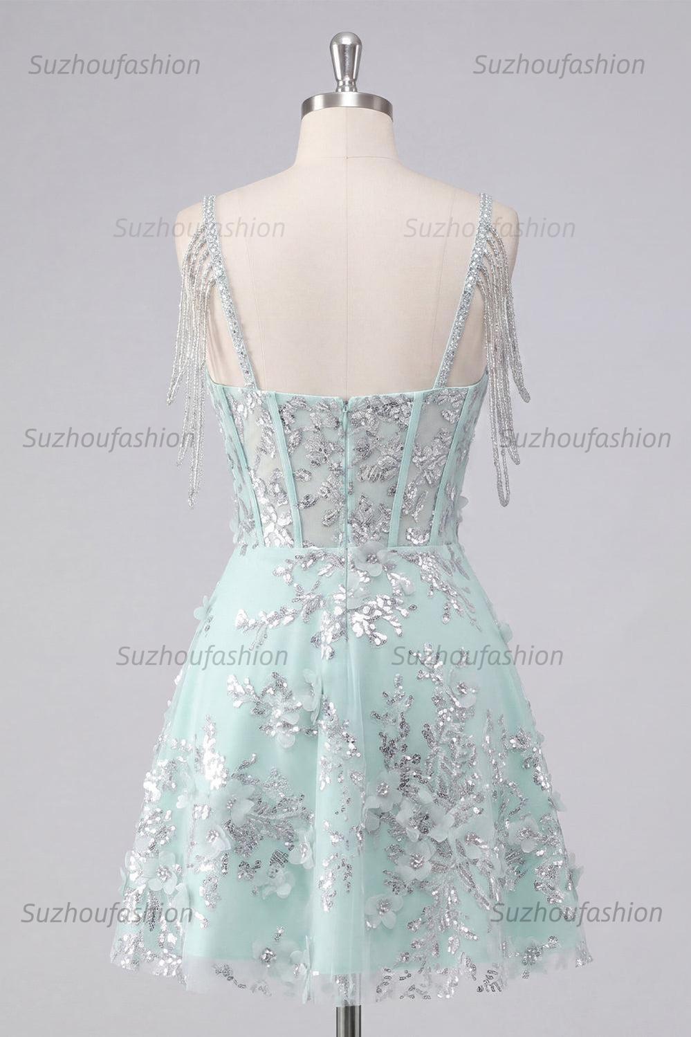 Suzhoufashion Mint Floral Cold-Shoulder Beaded A-Line Corset Short Homecoming Dress