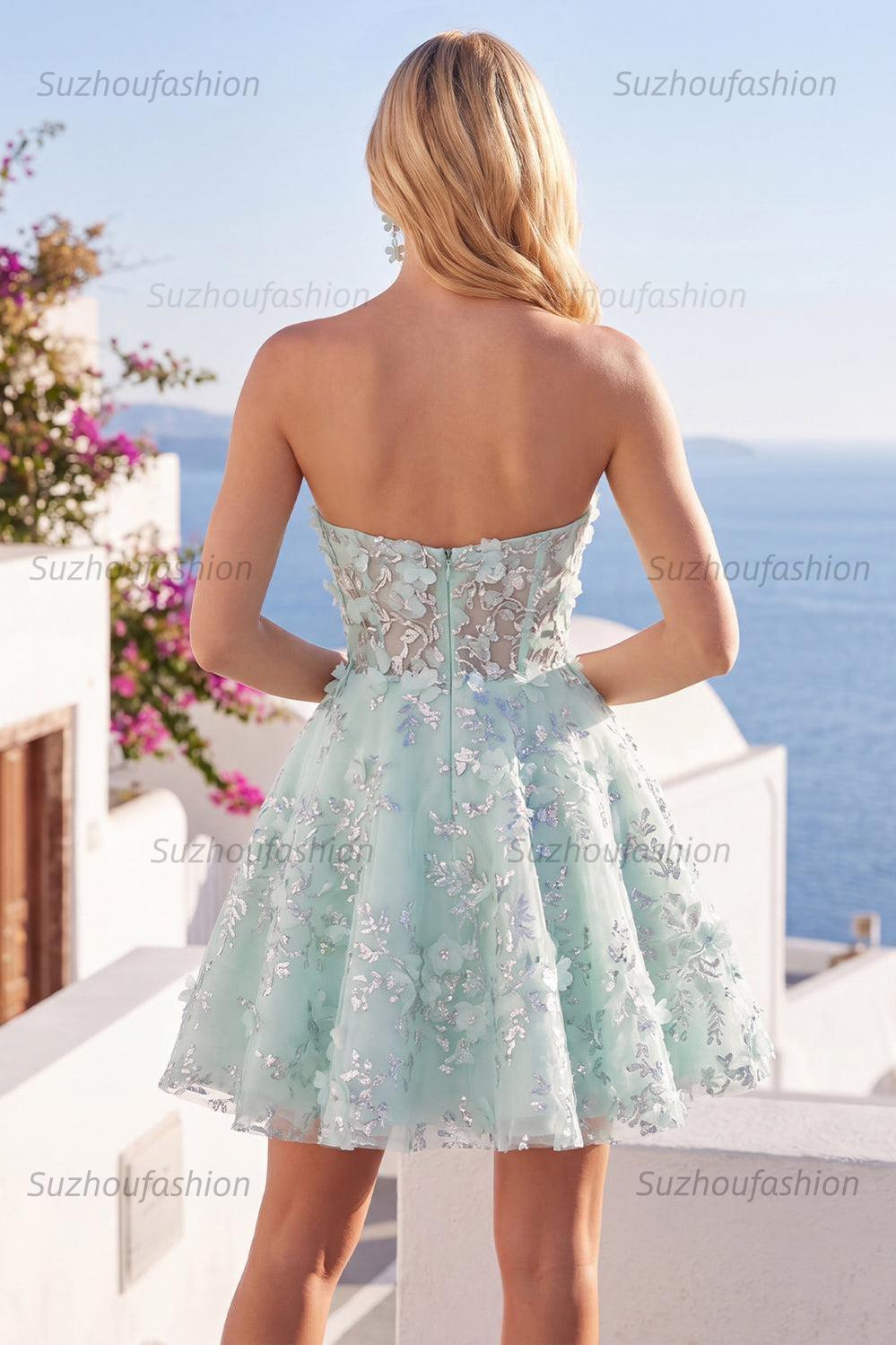 Suzhoufashion Mint Floral Sweetheart Beaded A-Line Corset Short Homecoming Dress