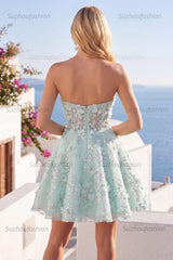 Suzhoufashion Mint Floral Sweetheart Beaded A-Line Corset Short Homecoming Dress