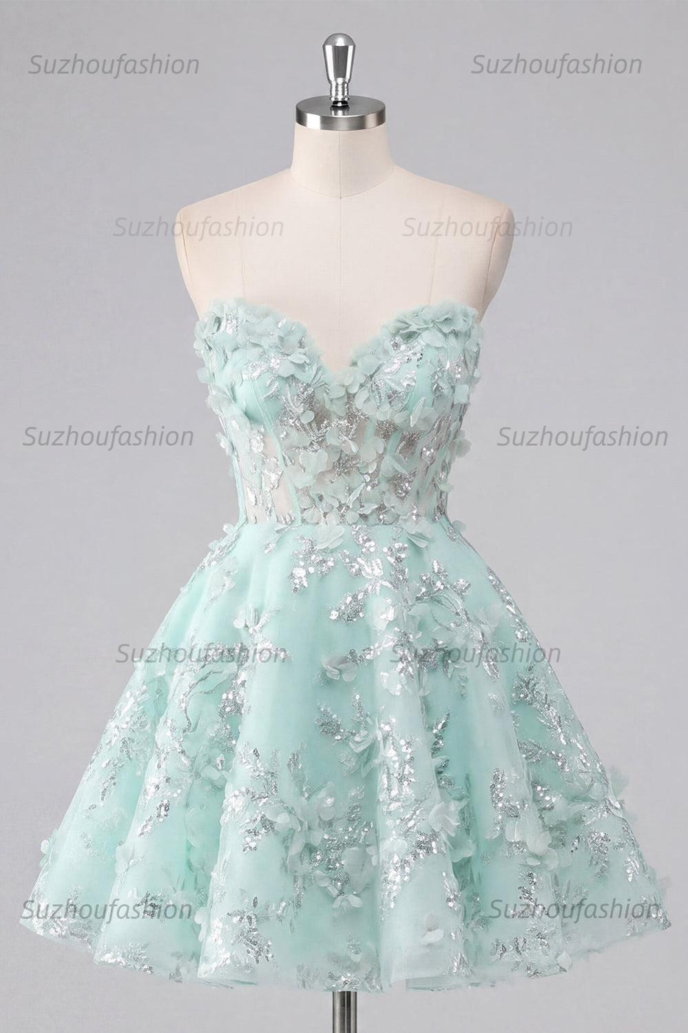 Suzhoufashion Mint Floral Sweetheart Beaded A-Line Corset Short Homecoming Dress