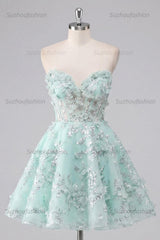 Suzhoufashion Mint Floral Sweetheart Beaded A-Line Corset Short Homecoming Dress