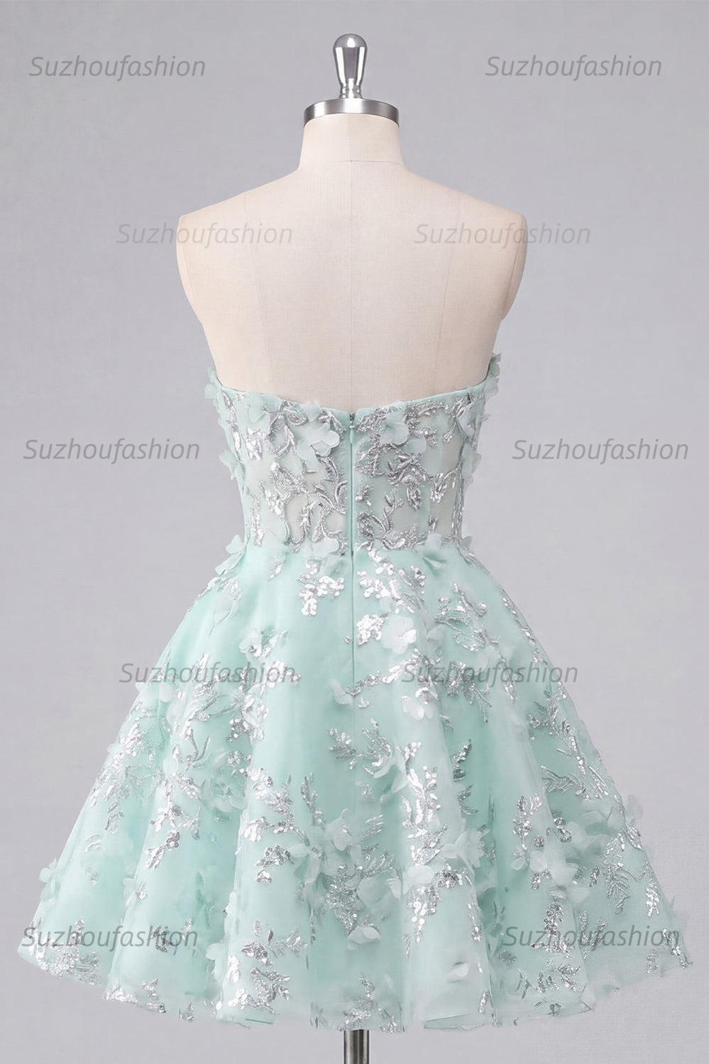 Suzhoufashion Mint Floral Sweetheart Beaded A-Line Corset Short Homecoming Dress