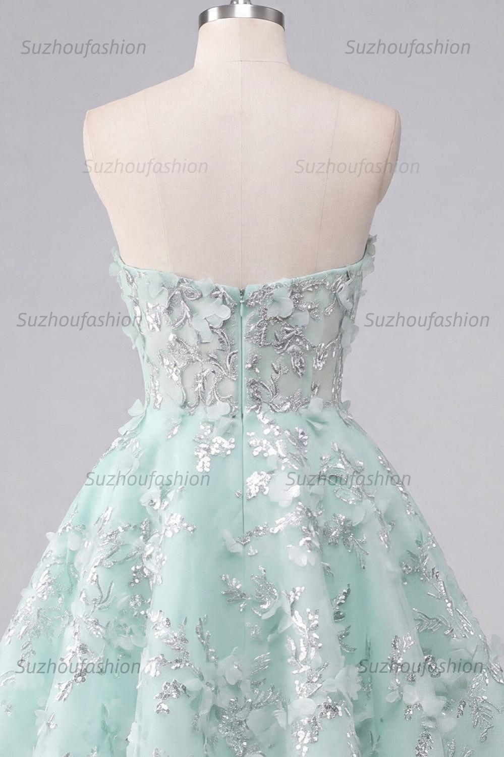 Suzhoufashion Mint Floral Sweetheart Beaded A-Line Corset Short Homecoming Dress