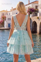 Suzhoufashion Mint Floral V-Neck Beaded A-Line Short Homecoming Dress with Ruffles