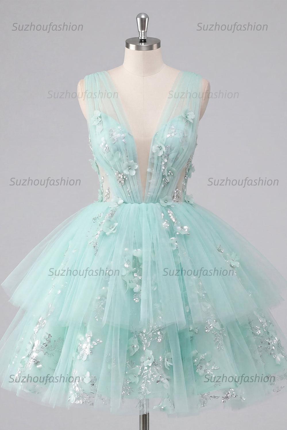 Suzhoufashion Mint Floral V-Neck Beaded A-Line Short Homecoming Dress with Ruffles