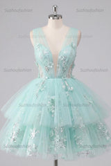 Suzhoufashion Mint Floral V-Neck Beaded A-Line Short Homecoming Dress with Ruffles