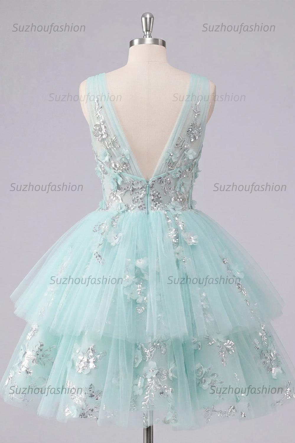 Suzhoufashion Mint Floral V-Neck Beaded A-Line Short Homecoming Dress with Ruffles