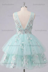 Suzhoufashion Mint Floral V-Neck Beaded A-Line Short Homecoming Dress with Ruffles