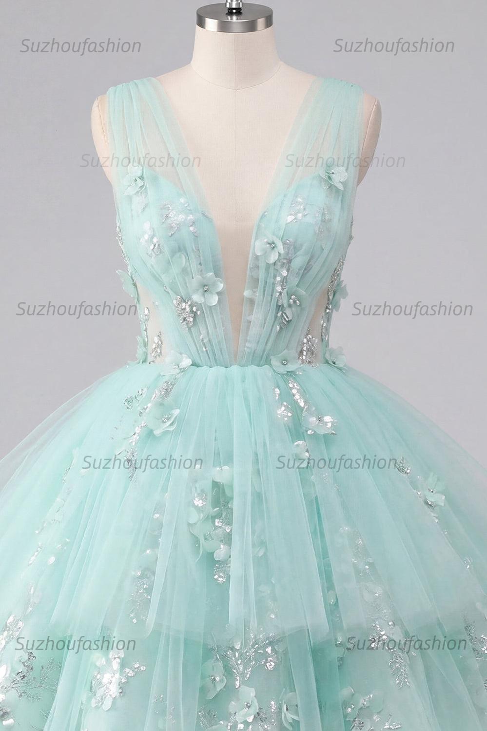 Suzhoufashion Mint Floral V-Neck Beaded A-Line Short Homecoming Dress with Ruffles