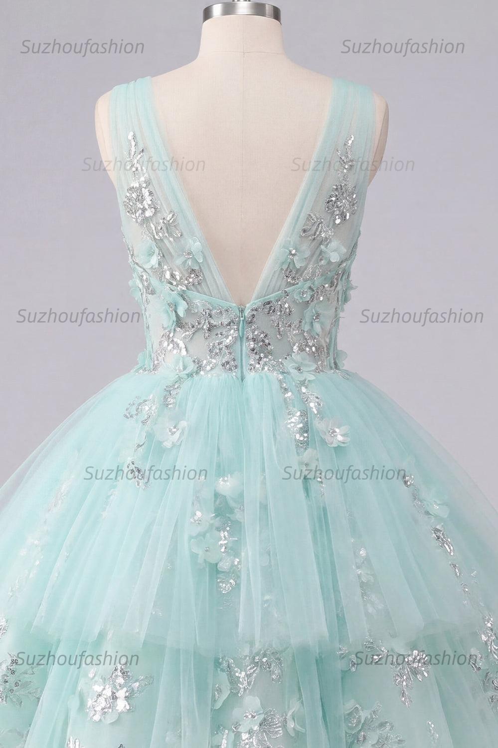 Suzhoufashion Mint Floral V-Neck Beaded A-Line Short Homecoming Dress with Ruffles