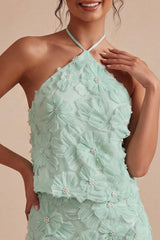 Suzhoufashion Mint Green Floral Halter 2-Piece Tight Short Homecoming Dress